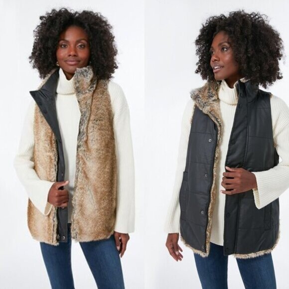 Tuckernuck NEW Faux Fur Reversible Full Zip Baker Brown Tan Vest Size XS - Picture 7 of 8